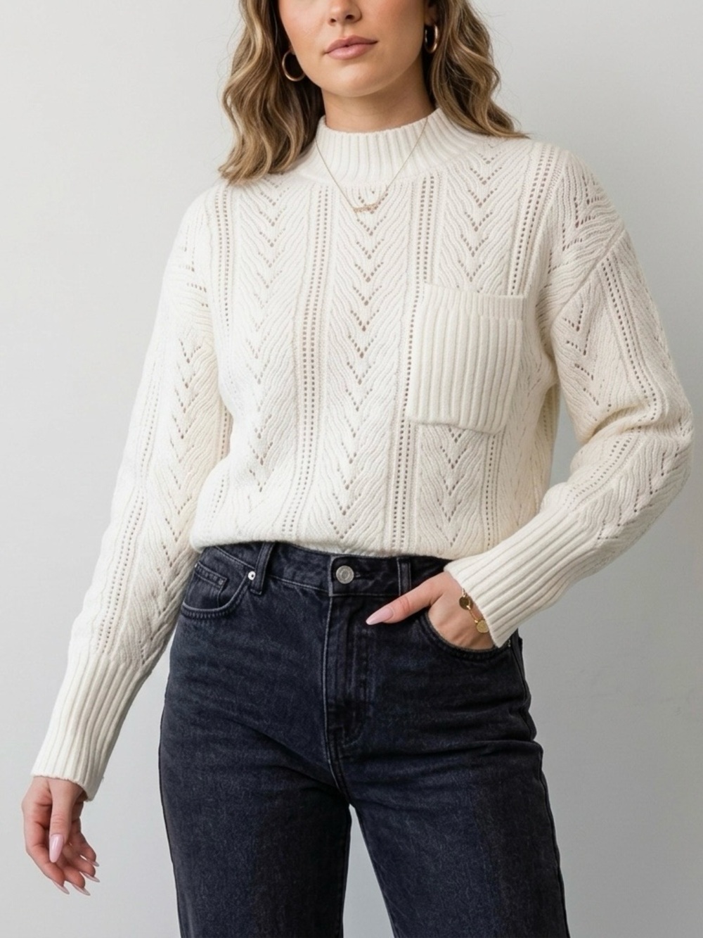 NWOT Design History White Pointelle Knit Mock Neck Sweater, Size Small